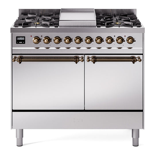 Ilve UPD40FQNMPSSBLP Nostalgie Ii 40 Inch Dual Fuel Liquid Propane Freestanding Range In Stainless Steel With Bronze Trim
