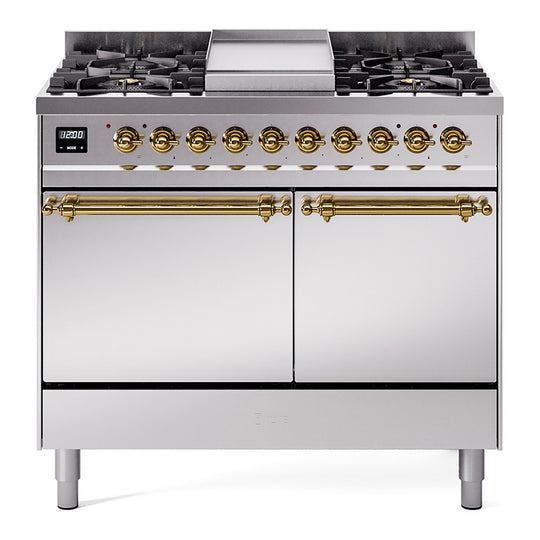 Ilve UPD40FQNMPSSGLP Nostalgie Ii 40 Inch Dual Fuel Liquid Propane Freestanding Range In Stainless Steel With Brass Trim