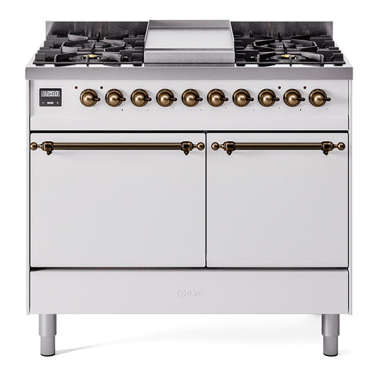 Ilve UPD40FQNMPWHBLP Nostalgie Ii 40 Inch Dual Fuel Liquid Propane Freestanding Range In White With Bronze Trim