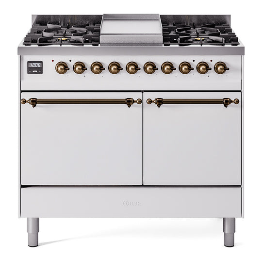 Ilve UPD40FQNMPWHBLP Nostalgie Ii 40 Inch Dual Fuel Liquid Propane Freestanding Range In White With Bronze Trim