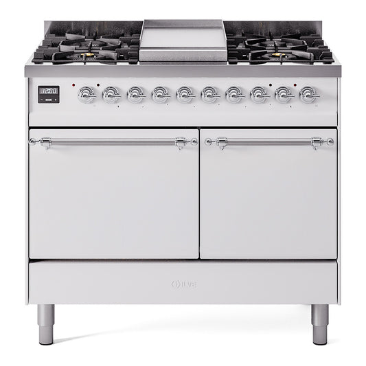 Ilve UPD40FQNMPWHCLP Nostalgie Ii 40 Inch Dual Fuel Liquid Propane Freestanding Range In White With Chrome Trim