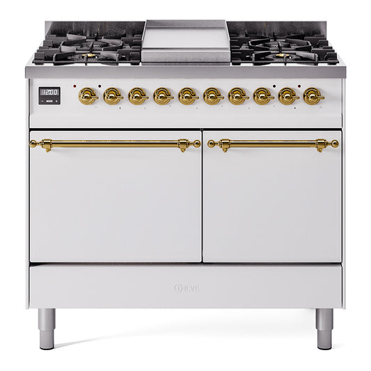 Ilve UPD40FQNMPWHGLP Nostalgie Ii 40 Inch Dual Fuel Liquid Propane Freestanding Range In White With Brass Trim