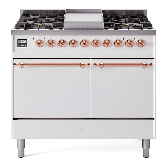 Ilve UPD40FQNMPWHPLP Nostalgie Ii 40 Inch Dual Fuel Liquid Propane Freestanding Range In White With Copper Trim