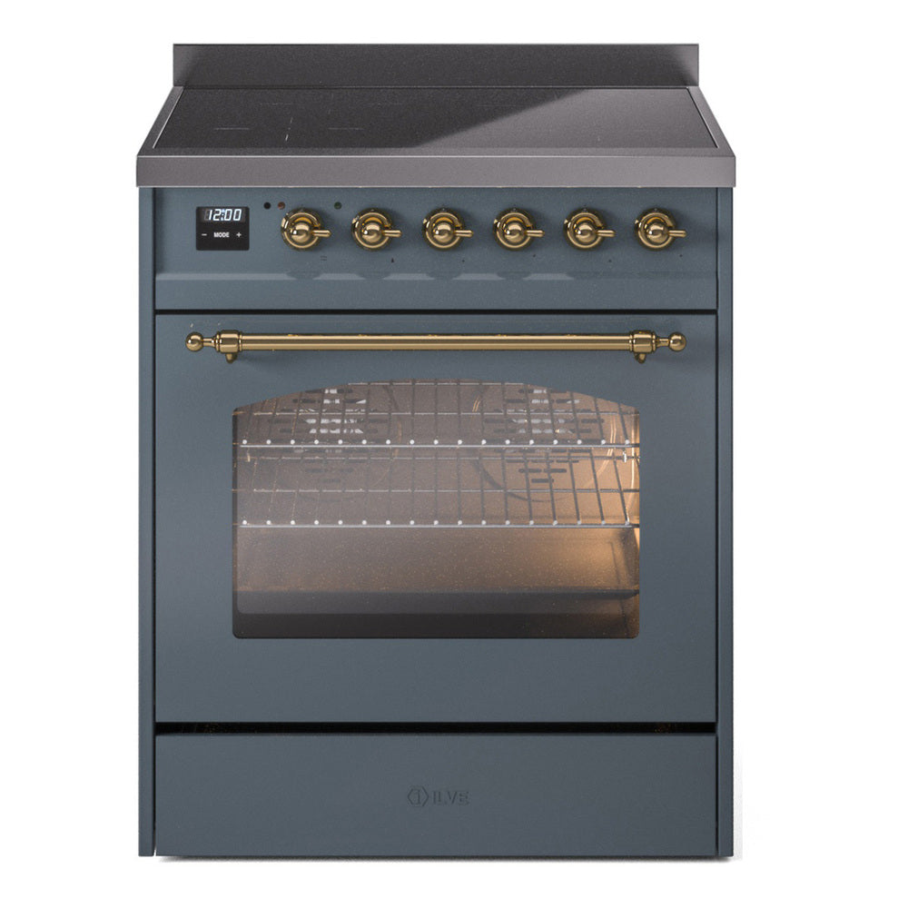 Ilve UPI304QNMPBGG Nostalgie Ii 30 Inch Electric Freestanding Range In Blue Grey With Brass Trim