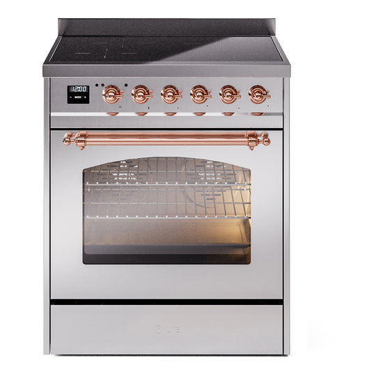 Ilve UPI304QNMPSSP Nostalgie Ii 30 Inch Electric Freestanding Range In Stainless Steel With Copper Trim