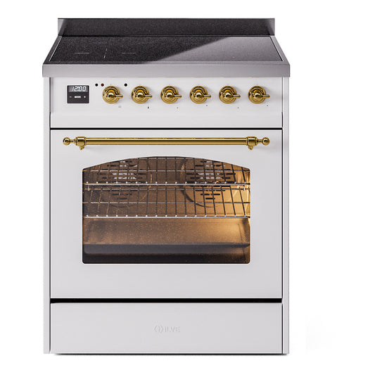 Ilve UPI304QNMPWHG Nostalgie Ii 30 Inch Electric Freestanding Range In White With Brass Trim