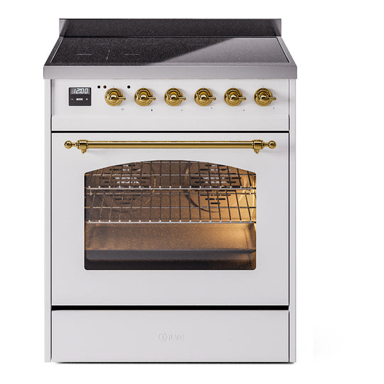 Ilve UPI304QNMPWHG Nostalgie Ii 30 Inch Electric Freestanding Range In White With Brass Trim