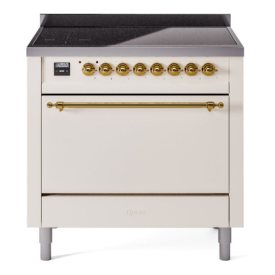 Ilve UPI366QNMPAWG Nostalgie Ii 36 Inch Electric Freestanding Range In Antique White With Brass Trim