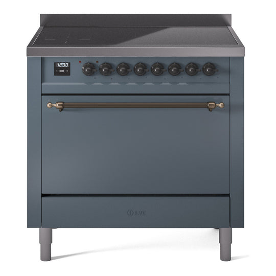 Ilve UPI366QNMPBGB Nostalgie Ii 36 Inch Electric Freestanding Range In Blue Grey With Bronze Trim