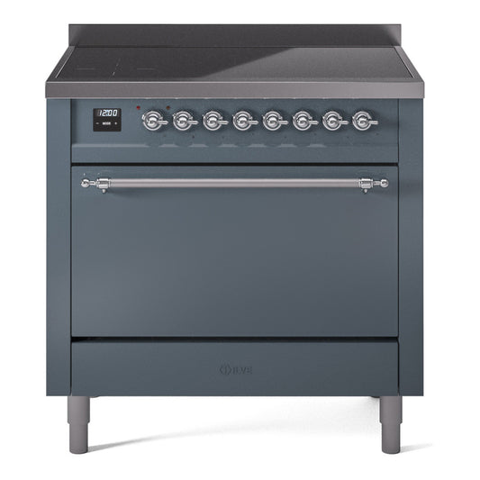 Ilve UPI366QNMPBGC Nostalgie Ii 36 Inch Electric Freestanding Range In Blue Grey With Chrome Trim