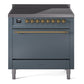 Ilve UPI366QNMPBGG Nostalgie Ii 36 Inch Electric Freestanding Range In Blue Grey With Brass Trim