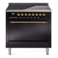 Ilve UPI366QNMPBKG Nostalgie Ii 36 Inch Electric Freestanding Range In Glossy Black With Brass Trim