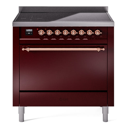 Ilve UPI366QNMPBUB Nostalgie Ii 36 Inch Electric Freestanding Range In Burgundy With Bronze Trim
