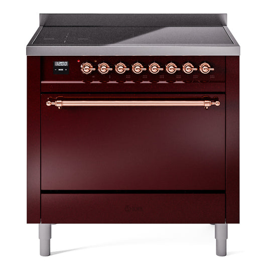 Ilve UPI366QNMPBUP Nostalgie Ii 36 Inch Electric Freestanding Range In Burgundy With Copper Trim