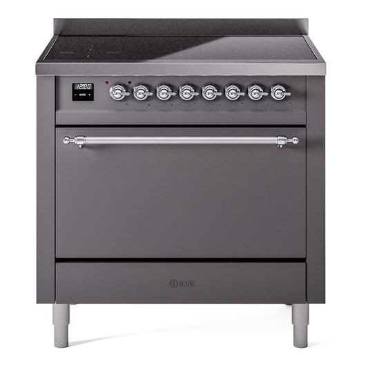 Ilve UPI366QNMPMGC Nostalgie Ii 36 Inch Electric Freestanding Range In Matte Graphite With Chrome Trim