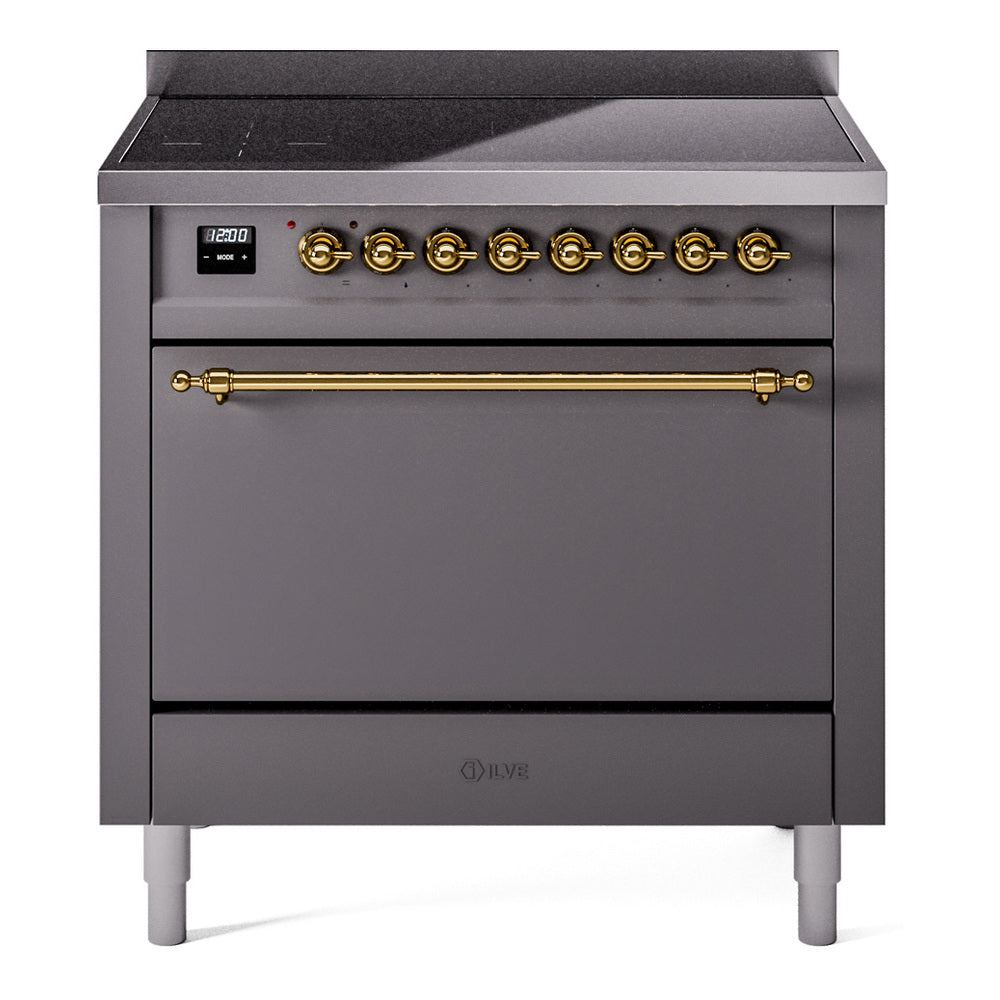 Ilve UPI366QNMPMGG Nostalgie Ii 36 Inch Electric Freestanding Range In Matte Graphite With Brass Trim