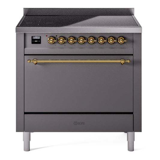 Ilve UPI366QNMPMGG Nostalgie Ii 36 Inch Electric Freestanding Range In Matte Graphite With Brass Trim