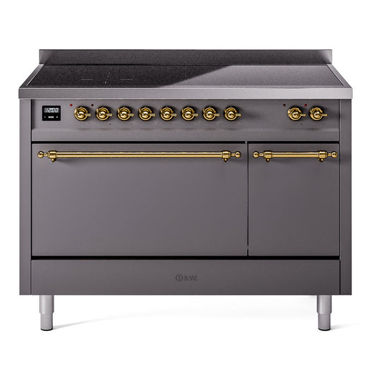 Ilve UPI486QNMPMGG Nostalgie Ii 48 Inch Electric Freestanding Range In Matte Graphite With Brass Trim