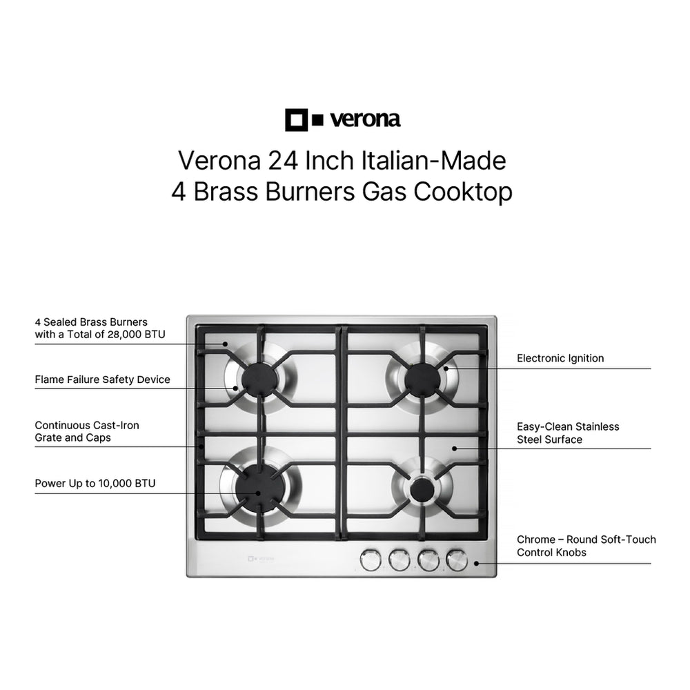 Verona VDGCT424FSS Verona 24" Designer Gas Cooktop-Brass Burners Ss