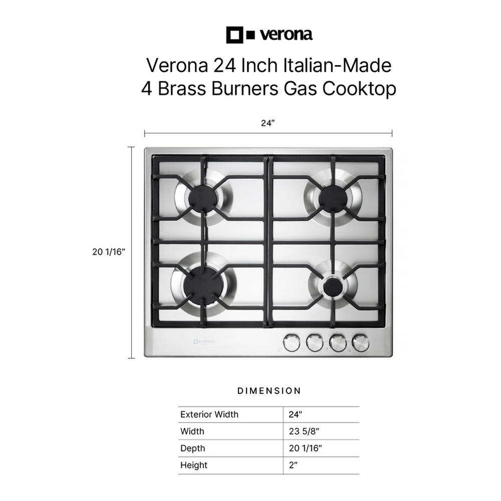 Verona VDGCT424FSS Verona 24" Designer Gas Cooktop-Brass Burners Ss