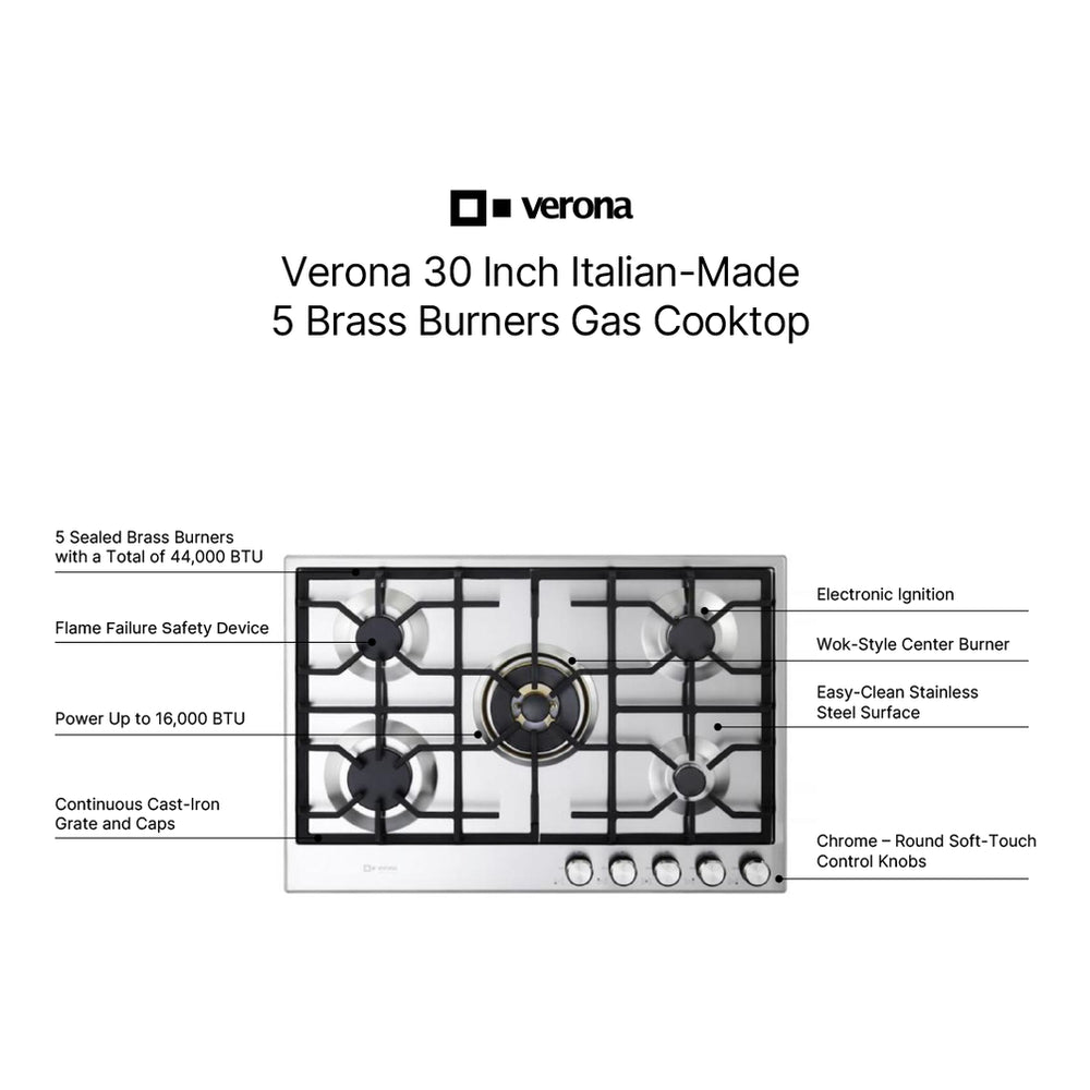 Verona VDGCT530FSS Verona 30" Designer Gas Cooktop-Brass Burners Ss