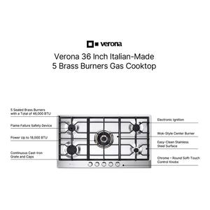 Verona VDGCT536FSS Verona 36" Designer Gas Cooktop-Brass Burners Ss