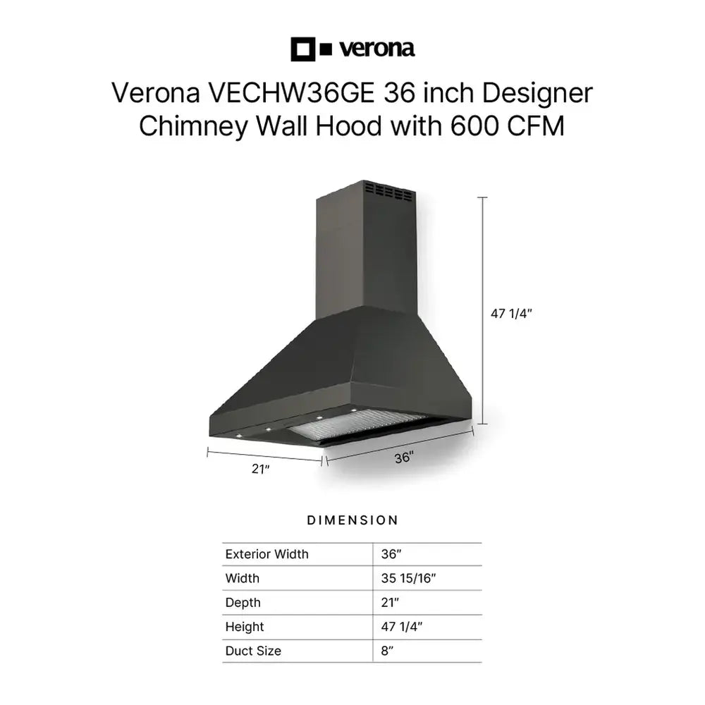 Verona VECHW36GE 36" Designer Chimney Wall Hood- 600 Cfm - 4 Speeds