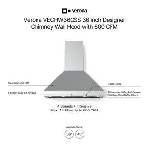Verona VECHW36GSS 36" Designer Chimney Wall Hood- 600 Cfm - 4 Speeds