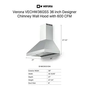 Verona VECHW36GSS 36" Designer Chimney Wall Hood- 600 Cfm - 4 Speeds