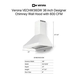 Verona VECHW36GW 36" Designer Chimney Wall Hood- 600 Cfm - 4 Speeds