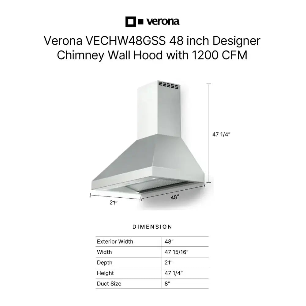 Verona VECHW48GSS Designer Series 48" Wall-Mounted Chimney Hood