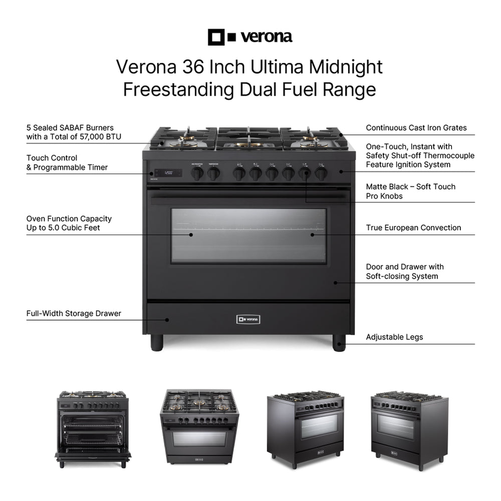 Verona VMFSGE365EE Verona Ult Midnight 36" Dual Fuel Range - Full Black