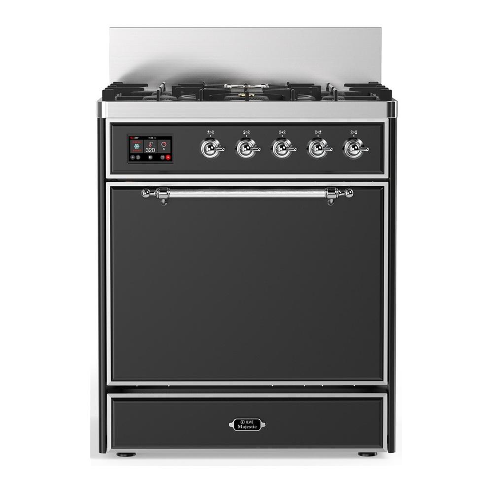 Ilve UM30QNR3MGCLP Ilve Um30Qnr3Mgclp Majestic Iii 30 Inch Dual Fuel Range With 5 Black Brass Burners, Dual Function Burner Up To 25,000 Btu (Liquid Propane, Solid Door, Graphite Matte, Chrome)