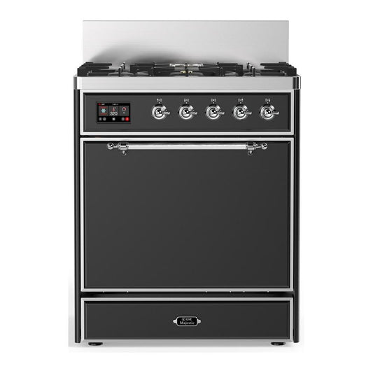 Ilve UM30QNR3MGCLP Ilve Um30Qnr3Mgclp Majestic Iii 30 Inch Dual Fuel Range With 5 Black Brass Burners, Dual Function Burner Up To 25,000 Btu (Liquid Propane, Solid Door, Graphite Matte, Chrome)