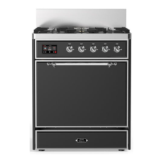 Ilve UM30QNR3MGCLP Ilve Um30Qnr3Mgclp Majestic Iii 30 Inch Dual Fuel Range With 5 Black Brass Burners, Dual Function Burner Up To 25,000 Btu (Liquid Propane, Solid Door, Graphite Matte, Chrome)