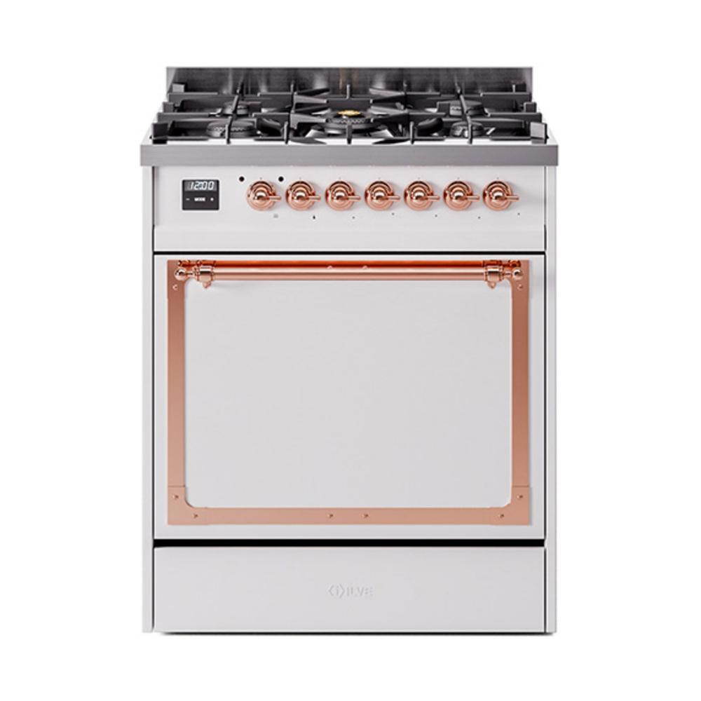 Ilve UN30QNMPWHP Ilve Un30Qnmpwhp Nostalgie Ii Noblesse 30" Dual Fuel Range (Natural Gas, Solid Door, White, Copper)