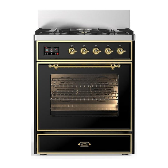 Ilve UM30NR3BKGLP Ilve Um30Nr3Bkglp Majestic Iii 30 Inch Dual Fuel Range With 5 Black Brass Burners, Dual Function Burner Up To 25,000 Btu (Liquid Propane, Triple Glass Door, Glossy Black, Brass)