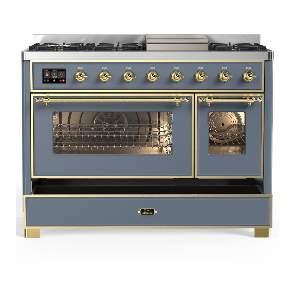 Ilve UM48FNR3BGGLP Ilve Um48Fnr3Bgglp Majestic Iii 48 Inch Dual Fuel Range With 8 Burners And Griddle, Dual Function Burner Up To 25,000 Btu (Liquid Propane, Triple Glass Door, Blue Grey, Brass)