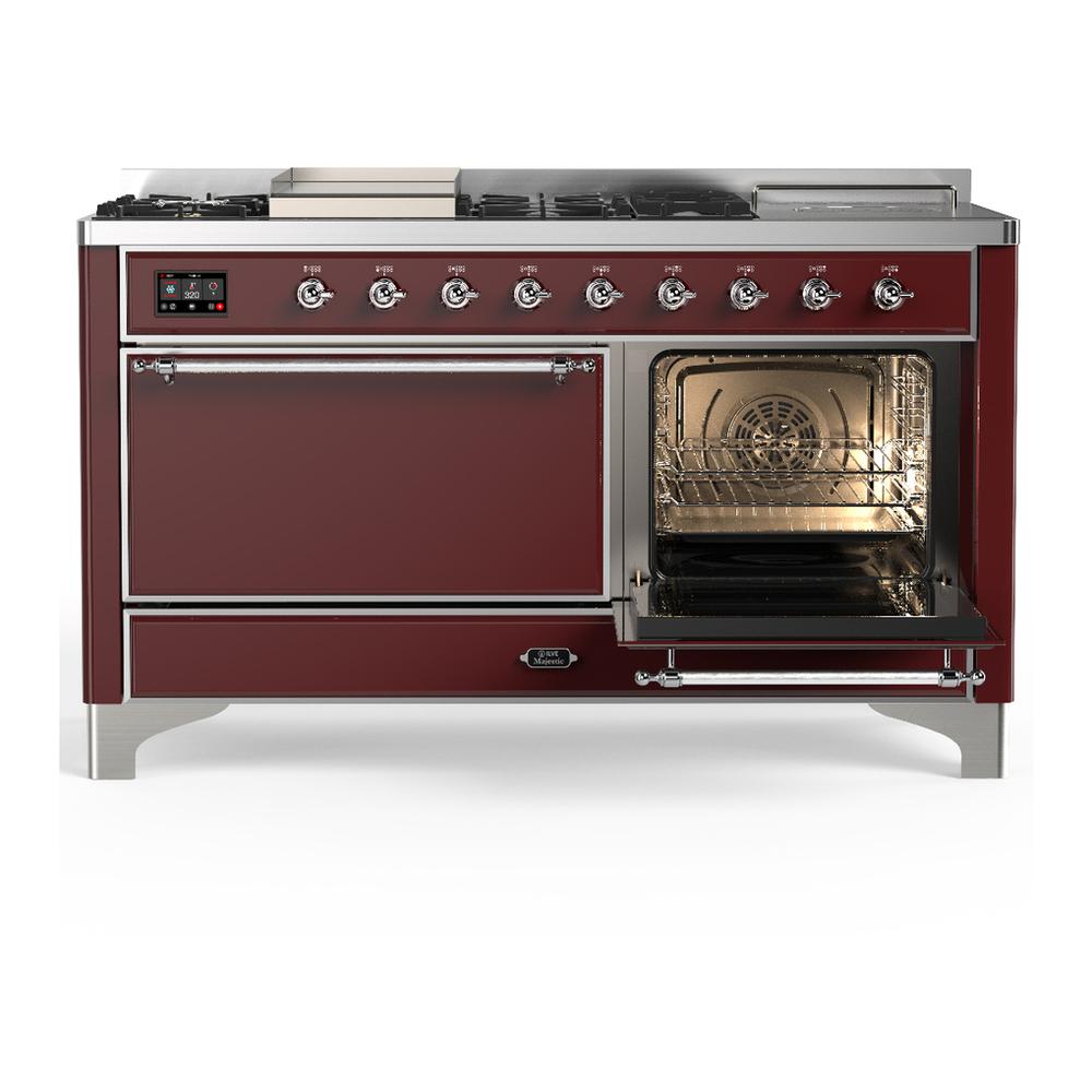 Ilve UM60FSQNR3BUCLP Ilve Um60Fsqnr3Buclp Majestic Iii 60 Inch Dual Fuel Range With 7 Burners, Griddle And French Top, Dual Function Burner With Up To 25,000 Btu (Liquid Propane, Solid Door, Burgundy, Chrome)