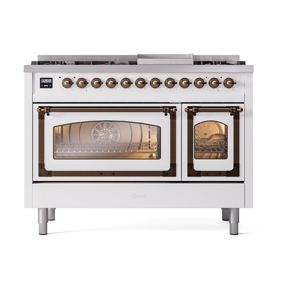 Ilve UN48FNMPWHBLP Ilve Un48Fnmpwhblp Nostalgie Ii Noblesse 48" Dual Fuel Range (8 Sealed Burners + Griddle, Liquid Propane, Triple Glass Door, White, Burnished)