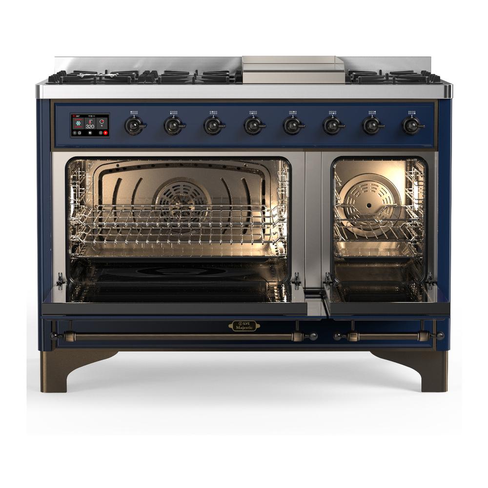 Ilve UM48FNR3MBP Ilve Um48Fnr3Mbp Majestic Iii 48 Inch Dual Fuel Range With 8 Burners And Griddle, Dual Function Burner Up To 25,000 Btu (Natural Gas, Triple Glass Door, Midnight Blue, Copper)
