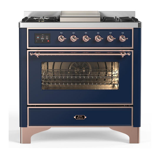 Ilve UM36FNR3MBP Ilve Um36Fnr3Mbp Majestic Iii 36 Inch Dual Fuel Range With 6 Black Brass Burners And Griddle, Dual Function Burner Up To 25,000 Btu (Triple Glass Door, Midnight Blue, Copper, Natural Gas)
