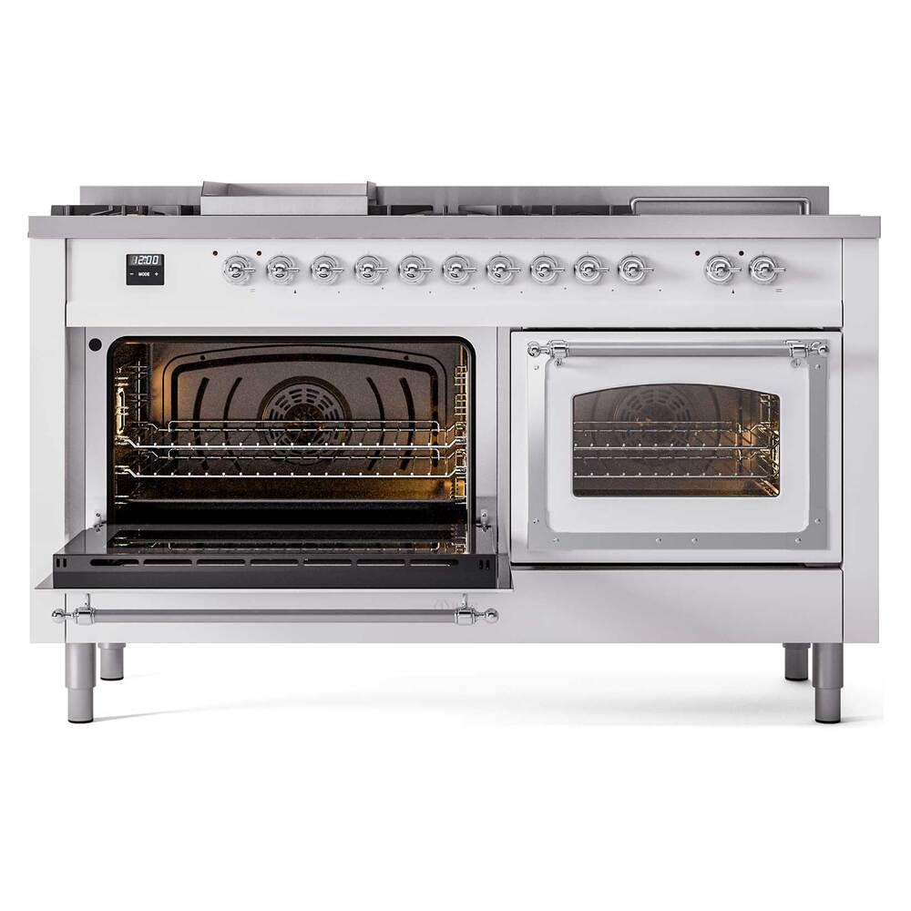 Ilve UN60FSNMPWHC Ilve Un60Fsnmpwhc Nostalgie Ii Noblesse 60" Dual Fuel Range (7 Sealed Burners + Griddle + French Top, Natural Gas, Triple Glass Door, White, Chrome)