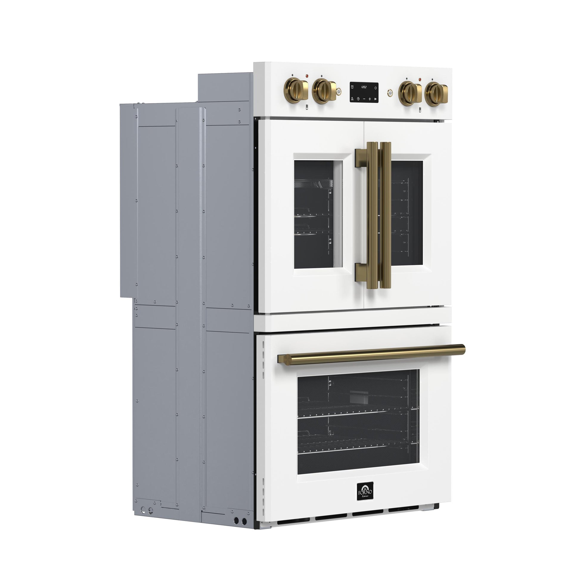 Forno FBOEL134030WHT Forno Asti 30-Inch Double Electric Wall Oven With Upper French Doors In White & Antique Brass, 7.36 Cu. Ft. Dual True Convection, 7,200W, Air Fry, Sous Vide, Self-Clean