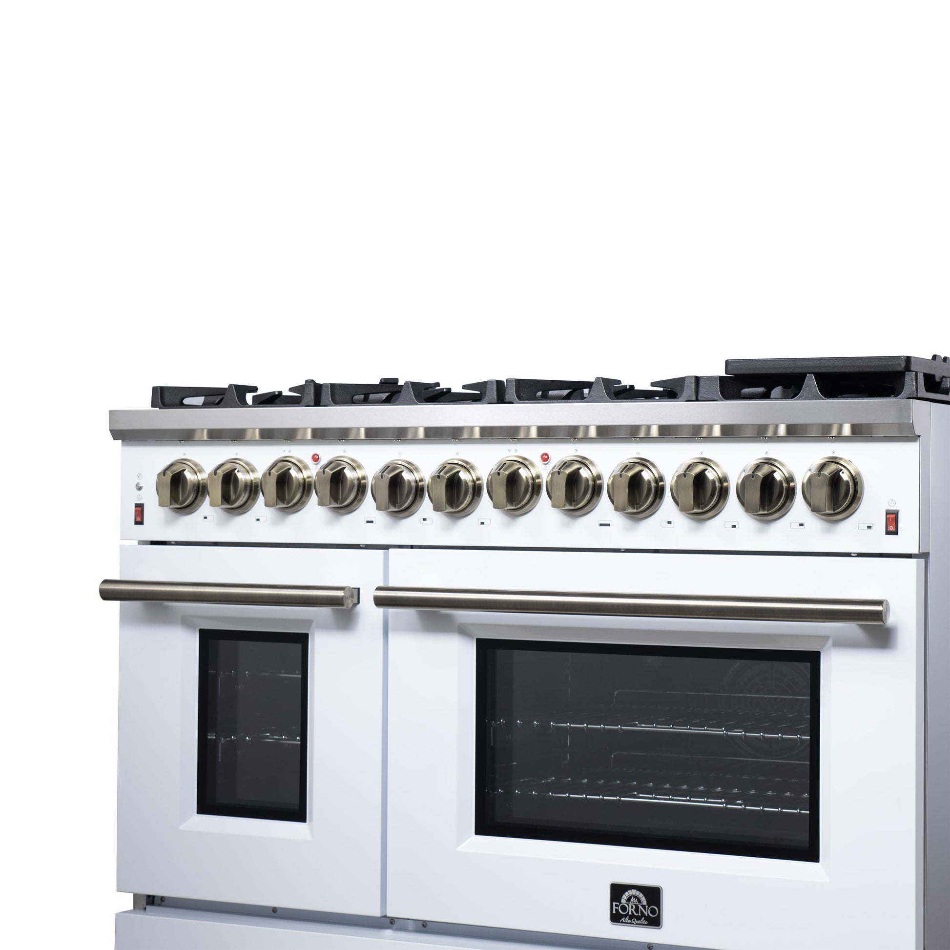 Forno FFSGS612548WHT Forno Massimo 48 Inch Freestanding Dual Fuel Range In White With Antique Brass Accessories, 8 Burners, 6.58 Cu. Ft. Convection Oven