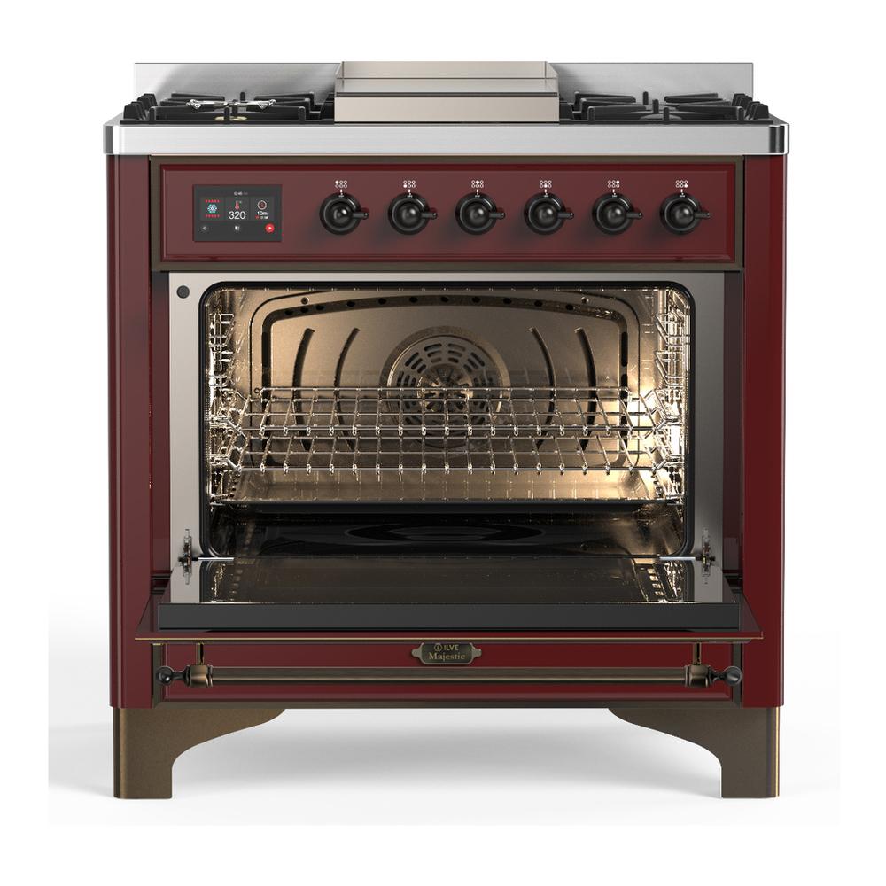 Ilve UM36FQNR3BUBLP Ilve Um36Fqnr3Bublp Majestic Iii 36 Inch Dual Fuel Range With 6 Black Brass Burners And Griddle, Dual Function Burner Up To 25,000 Btu (Solid Door, Burgundy, Burnished, Liquid Propane)