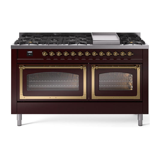 Ilve UN60FNMPBUGLP Ilve Un60Fnmpbuglp Nostalgie Ii Noblesse 60" Dual Fuel Range (9 Sealed Burners + Griddle, Liquid Propane, Triple Glass Door, Burgundy, Brass)