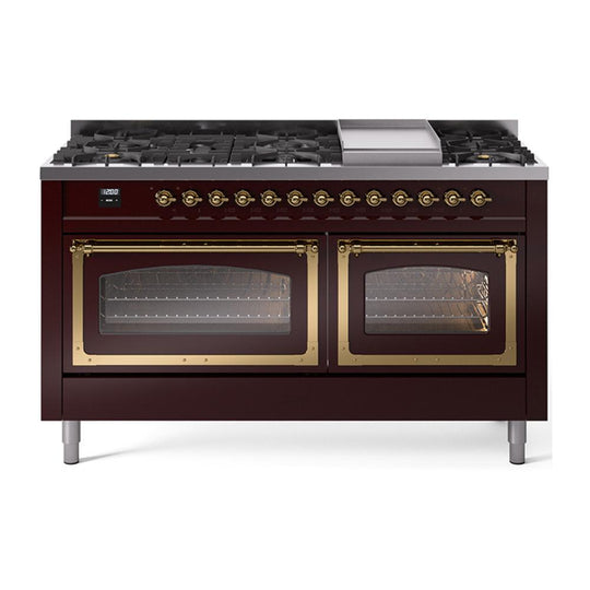 Ilve UN60FNMPBUGLP Ilve Un60Fnmpbuglp Nostalgie Ii Noblesse 60" Dual Fuel Range (9 Sealed Burners + Griddle, Liquid Propane, Triple Glass Door, Burgundy, Brass)