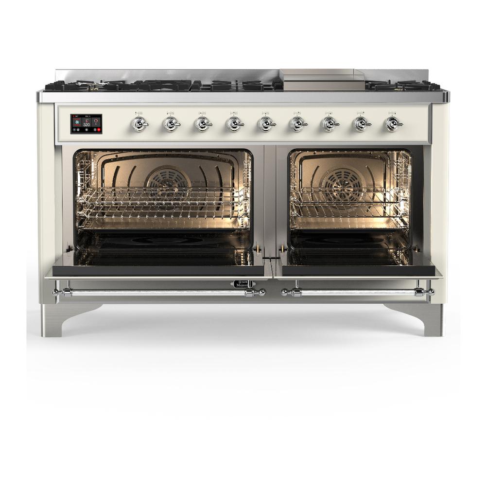 Ilve UM60FQNR3AWCLP Ilve Um60Fqnr3Awclp Majestic Iii 60 Inch Dual Fuel Range With 9 Burners And Griddle, Dual Function Burner Up To 25,000 Btu (Liquid Propane, Solid Door, Antique White, Chrome)