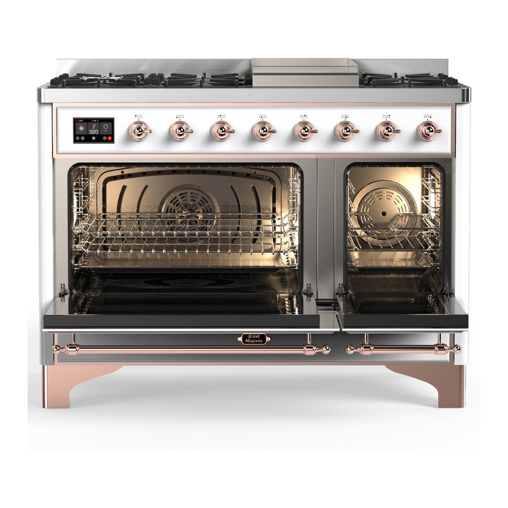 Ilve UM48FNR3WHPLP Ilve Um48Fnr3Whplp Majestic Iii 48 Inch Dual Fuel Range With 8 Burners And Griddle, Dual Function Burner Up To 25,000 Btu (Liquid Propane, Triple Glass Door, White, Copper)